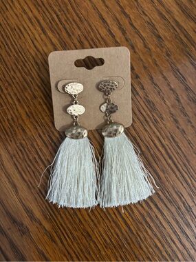 Gold Hammered Metal and Cream Tassel Drop Earrings